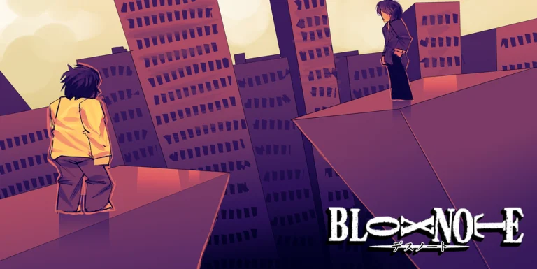 BloxNote characters confront one another across city rooftops in purple and gold light.